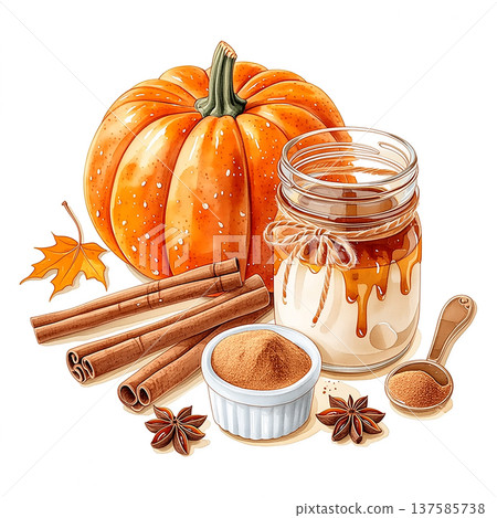 Pumpkin, spices, and ingredients on a table create a cozy autumn setting for baking and cooking Pumpkin, spices, and ingredients on a table create a cozy autumn setting for baking and cooking 137585738