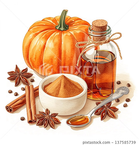 Pumpkin, spices, and syrup are arranged on a table for autumn cooking and baking activities 137585739