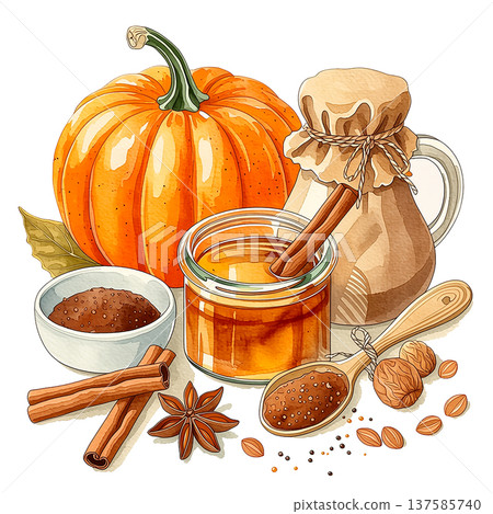 Pumpkin and spice ingredients on a table with jars and utensils for making a seasonal dish in autumn 137585740