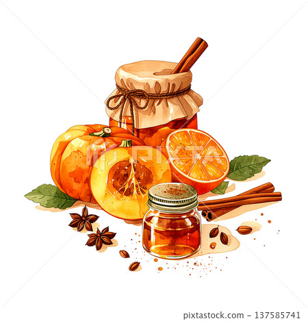 Pumpkin, orange, and spice arrangement with jars of honey on a white background in a cozy kitchen setting 137585741