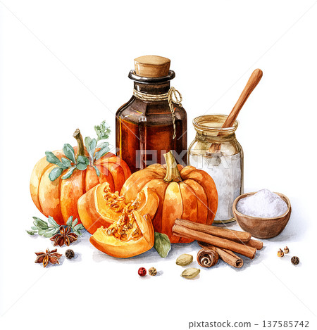 Pumpkins, spices, and jars are arranged on a table for a seasonal cooking activity in a kitchen 137585742