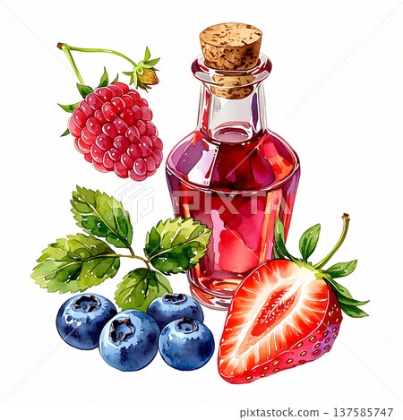 Fruit syrup with berries and mint leaves on a plain white background during daytime Fruit syrup with berries and mint leaves on a plain white background during daytime 137585747