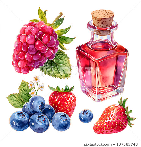 Mixed berries and a glass bottle of syrup with cork in a fresh arrangement on a white background during daytime 137585748