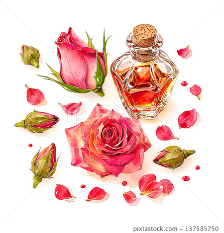 Bottle of perfume surrounded by rose petals and roses in a simple setting with various rose buds and blossoms Bottle of perfume surrounded by rose petals and roses in a simple setting with various rose buds and blossoms 137585750