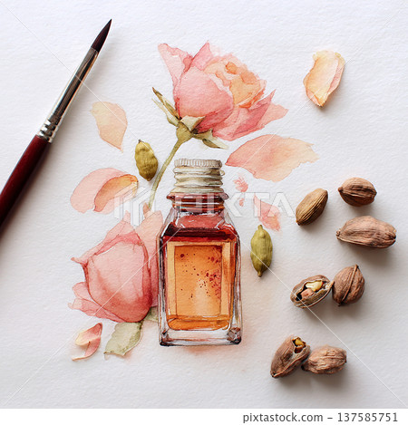Watercolor painting of a bottle with roses and cardamom placed on a white background during daylight Watercolor painting of a bottle with roses and cardamom placed on a white background during daylight 137585751