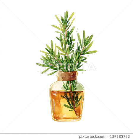 Glass jar holds fresh rosemary sprigs in oil on a plain background in a kitchen setting during daytime 137585752