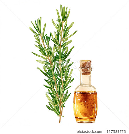 Fresh rosemary and a bottle of oil placed side by side on a simple background during daylight 137585753