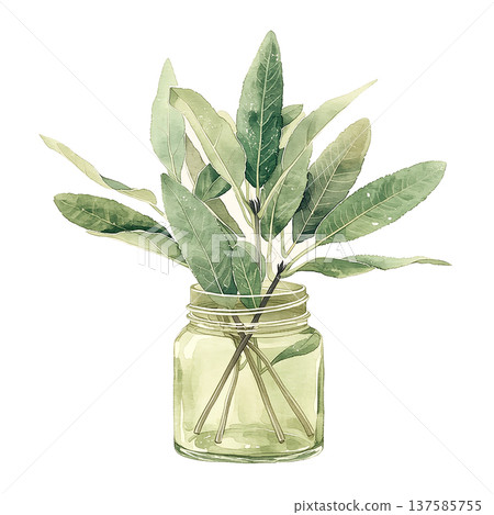 Fresh green leaves in a glass jar on a neutral background showcasing simple home decor ideas for a natural touch Fresh green leaves in a glass jar on a neutral background showcasing simple home decor ideas for a natural touch 137585755