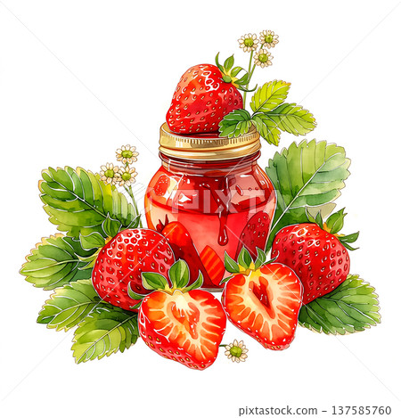 Fresh strawberries and jar of jam with green leaves on white background Fresh strawberries and jar of jam with green leaves on white background 137585760