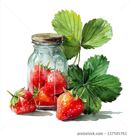 Fresh strawberries in a glass jar with green leaves on a white background showcasing nature's colors Fresh strawberries in a glass jar with green leaves on a white background showcasing nature's colors 137585761