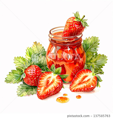Strawberry jam in a jar with fresh strawberries and green leaves around it in a simple kitchen setting Strawberry jam in a jar with fresh strawberries and green leaves around it in a simple kitchen setting 137585763