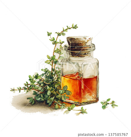 Thyme leaves and glass jar with aromatic oil sit on a white surface in this simple kitchen scene Thyme leaves and glass jar with aromatic oil sit on a white surface in this simple kitchen scene 137585767