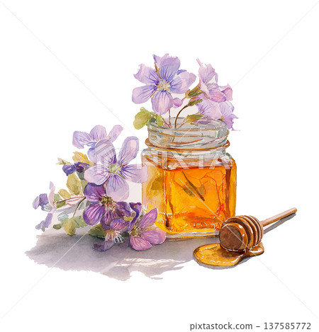 Honey jar with fresh violet flowers on white background during spring season in a natural setting 137585772
