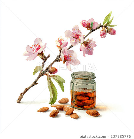 Almonds and peach blossoms next to a jar of almond oil on a simple surface 137585776