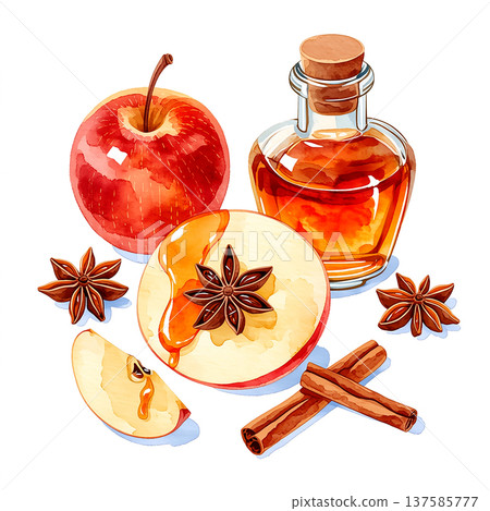 Fresh apple slices with cinnamon sticks, star anise, and syrup bottle on white background Fresh apple slices with cinnamon sticks, star anise, and syrup bottle on white background 137585777
