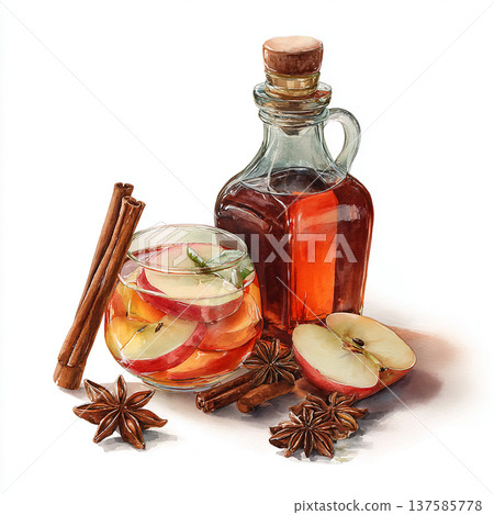 Warm drink with spices in a glass and a bottle on a white surface with apples 137585778