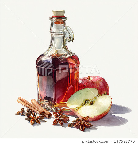 Autumn flavors with apple, spices, and bottle of syrup on a plain background 137585779