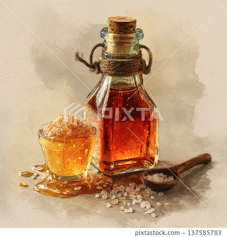 Bottle of honey and glass with salt on a table with wooden spoon in a simple kitchen setting Bottle of honey and glass with salt on a table with wooden spoon in a simple kitchen setting 137585783