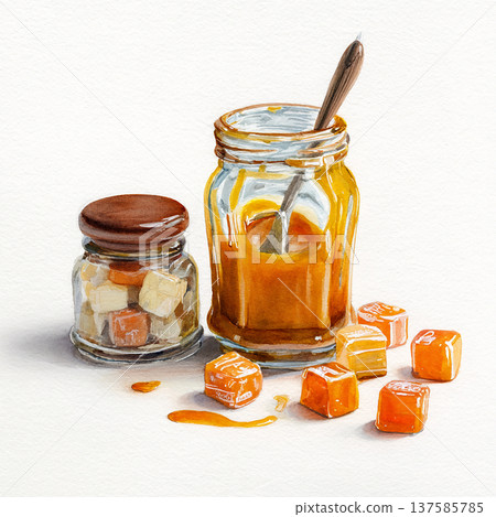 Sweet treats and caramel sauce sit on a clean surface with a spoon resting in a jar during daylight Sweet treats and caramel sauce sit on a clean surface with a spoon resting in a jar during daylight 137585785