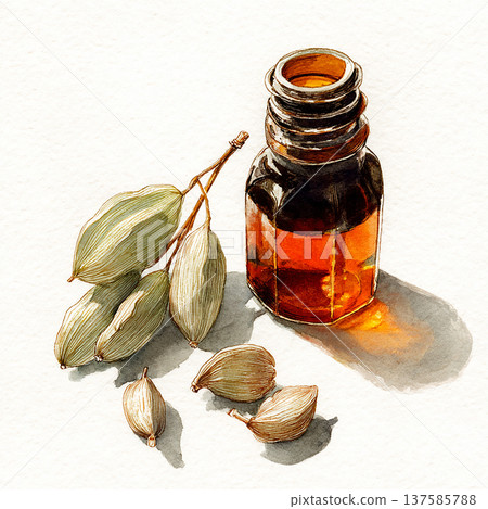 Bottle of essential oil with cardamom pods on a light background in a simple arrangement 137585788