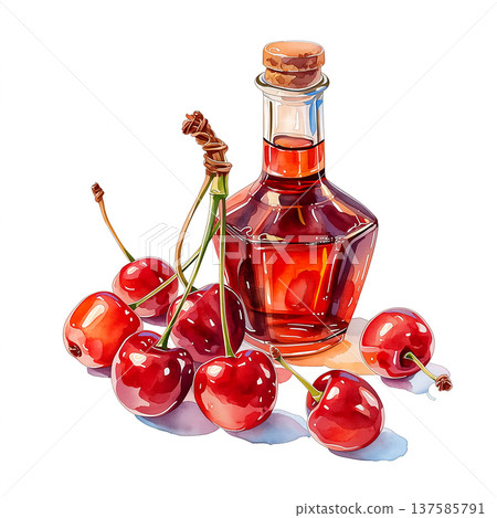Red cherries and a small bottle of syrup sit together on a white surface with bright lighting at midday 137585791