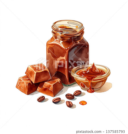Sweet chocolate spread with chocolate bars and coffee beans on a plain background in soft light 137585793