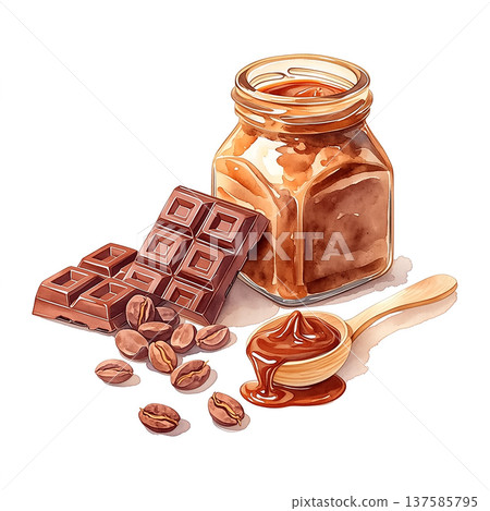 Chocolate spread in a jar with chocolate bars and coffee beans on a wooden spoon Chocolate spread in a jar with chocolate bars and coffee beans on a wooden spoon 137585795