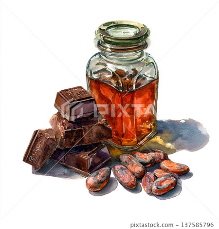 Chocolate pieces and cacao beans with a jar of syrup on a white background during a still life arrangement Chocolate pieces and cacao beans with a jar of syrup on a white background during a still life arrangement 137585796