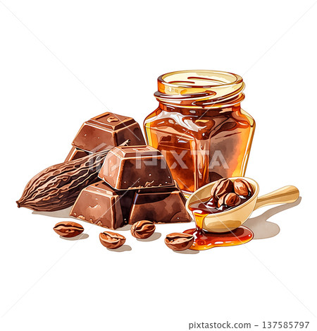 Chocolate and honey jar with cocoa beans and chocolate pieces on a white background during a kitchen scene Chocolate and honey jar with cocoa beans and chocolate pieces on a white background during a kitchen scene 137585797