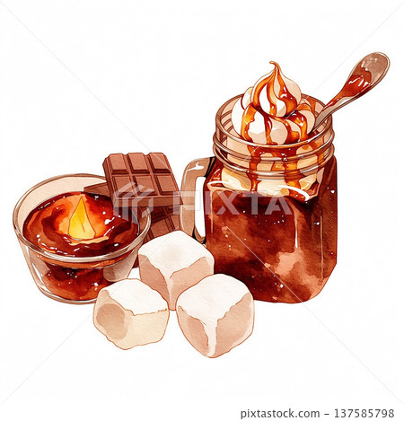 Warm drink with chocolate, marshmallows, and caramel in cozy setting during winter evening Warm drink with chocolate, marshmallows, and caramel in cozy setting during winter evening 137585798