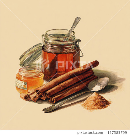 Golden honey and cinnamon sticks arranged on a light background near a silver spoon and spices ready for use in cooking and baking Golden honey and cinnamon sticks arranged on a light background near a silver spoon and spices ready for use in cooking and baking 137585799