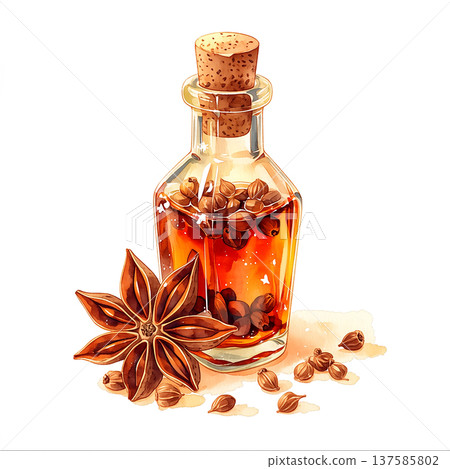 Bottle of spice oil with star anise and seeds on a plain background in a simple design at a kitchen setting Bottle of spice oil with star anise and seeds on a plain background in a simple design at a kitchen setting 137585802