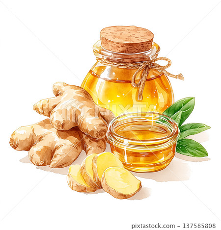 Ginger root and honey in glass jar with green leaves on white background during daytime 137585808