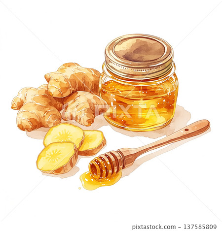Ginger roots and honey in a glass jar with a wooden dipper placed on a table Ginger roots and honey in a glass jar with a wooden dipper placed on a table 137585809