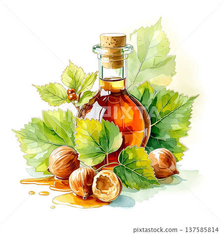 Bottle of oil surrounded by hazelnuts and green leaves on a white background during a bright light setting 137585814