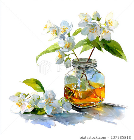 Bright flowers in a jar with a yellow liquid on a white background during the day Bright flowers in a jar with a yellow liquid on a white background during the day 137585818