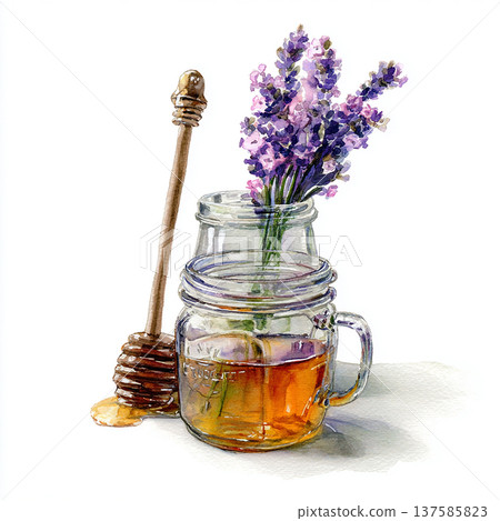 Honey and lavender flower in a glass jar with a honey dipper on a plain background Honey and lavender flower in a glass jar with a honey dipper on a plain background 137585823