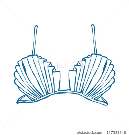 Illustration of a summer womens swimsuit with shells. Outline drawing of a beach top in a coastal doodle style. Vector illustration. Beach accessory. Beachwear for girls. Illustration of a summer womens swimsuit with shells. Outline drawing of a beach top in a coastal doodle style. Vector illustration. Beach accessory. Beachwear for girls. 137585846