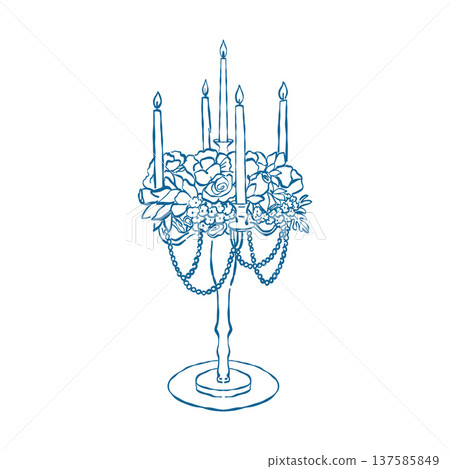 A hand-drawn vintage wedding candelabra with candles, flowers, and blue pearl beads. Vector outline illustration of a festive antique candelabra in a retro sketch style. 137585849