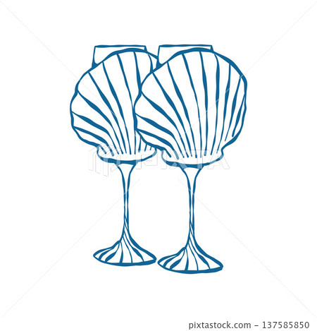 Outline illustration of a pair of seashell-shaped wine glasses. Vintage-style clipart in blue. Vector illustration for weddings, birthdays, and nautical-themed parties. Coastal clipart Outline illustration of a pair of seashell-shaped wine glasses. Vintage-style clipart in blue. Vector illustration for weddings, birthdays, and nautical-themed parties. Coastal clipart 137585850