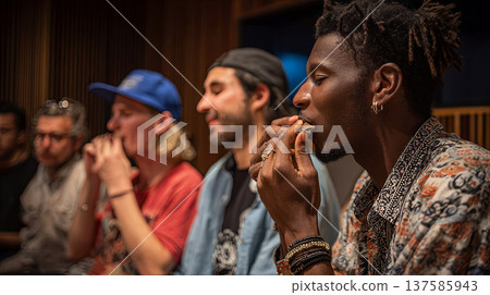 Group of diverse musicians playing harmonicas together in a recording studio, focused expressions and instruments visible, wooden paneling in the background Group of diverse musicians playing harmonicas together in a recording studio, focused expressions and instruments visible, wooden paneling in the background 137585943