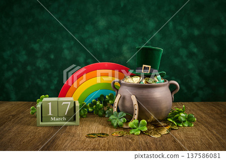 St. Patrick's day displaying pot of gold, shamrocks, rainbow, and calendar St. Patrick's day displaying pot of gold, shamrocks, rainbow, and calendar 137586081