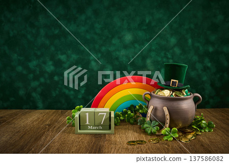 St. Patrick's day celebration with pot of gold and leprechaun hat 137586082