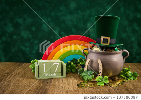 St. Patrick's day celebration with pot of gold and calendar St. Patrick's day celebration with pot of gold and calendar 137586087