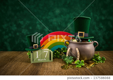 St. Patrick's day celebration with hats, gold, rainbow, and shamrocks 137586088