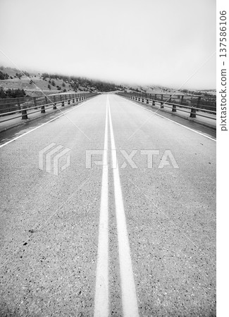 Black and white photo of a road in Yellowstone National Park, USA. Black and white photo of a road in Yellowstone National Park, USA. 137586106