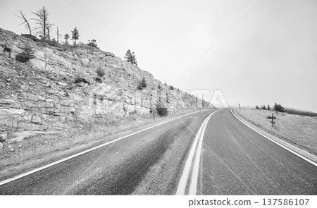 Black and white photo of a road in Yellowstone National Park, USA. Black and white photo of a road in Yellowstone National Park, USA. 137586107