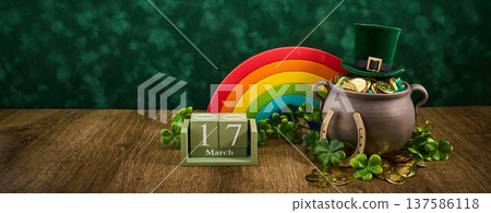 St. Patrick's day celebration with pot of gold and shamrocks 137586118