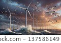 Offshore wind farms, wind turbines, ocean waves, sunset glow, seagulls flying, stormy clouds, dynamic lighting, cinematic composition, environmental energy concept. 137586149