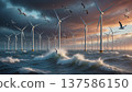 Offshore wind farms, wind turbines, ocean waves, sunset glow, seagulls flying, stormy clouds, dynamic lighting, cinematic composition, environmental energy concept. 137586150